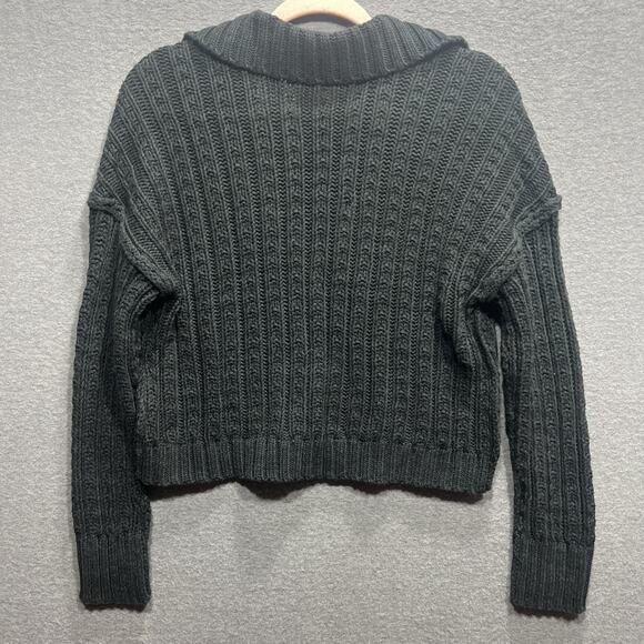 Free People Black Traveler Cable Collared V-Neck Cropped Sweater Women Size XS - Picture 5 of 14